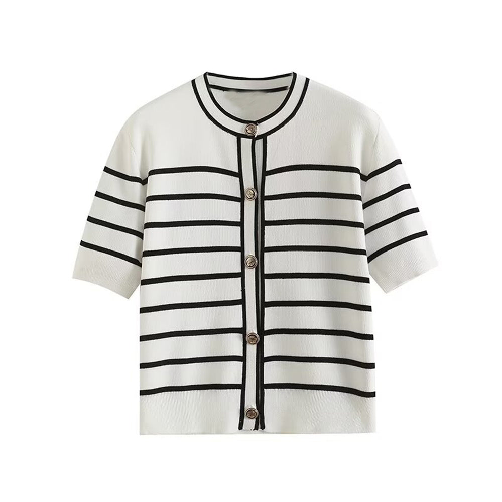 קרדיגן פסים קצר בעיצוב כפתורים לנשים בסגנון סתיו