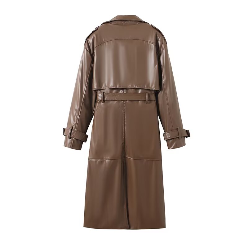 Women's new fashion with Belt long style double breasted faux leather Windbreaker Coat