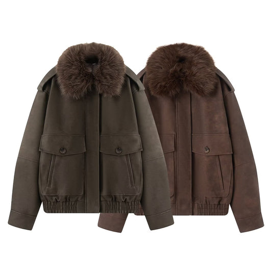 Women's detachable fur collar casual Anti suede effect jacket