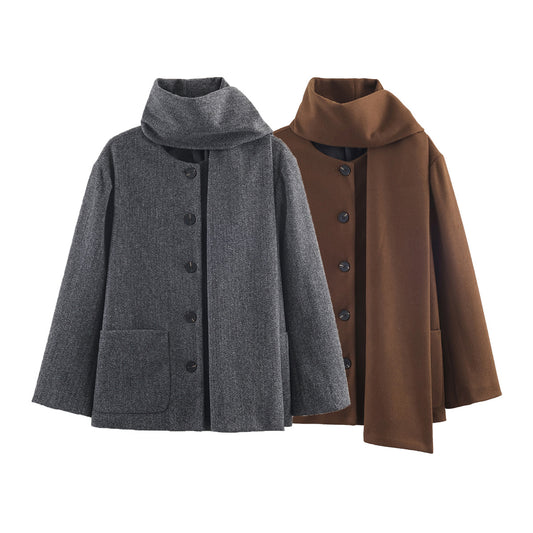 Women's with scarf loose O Neck woolen Coat