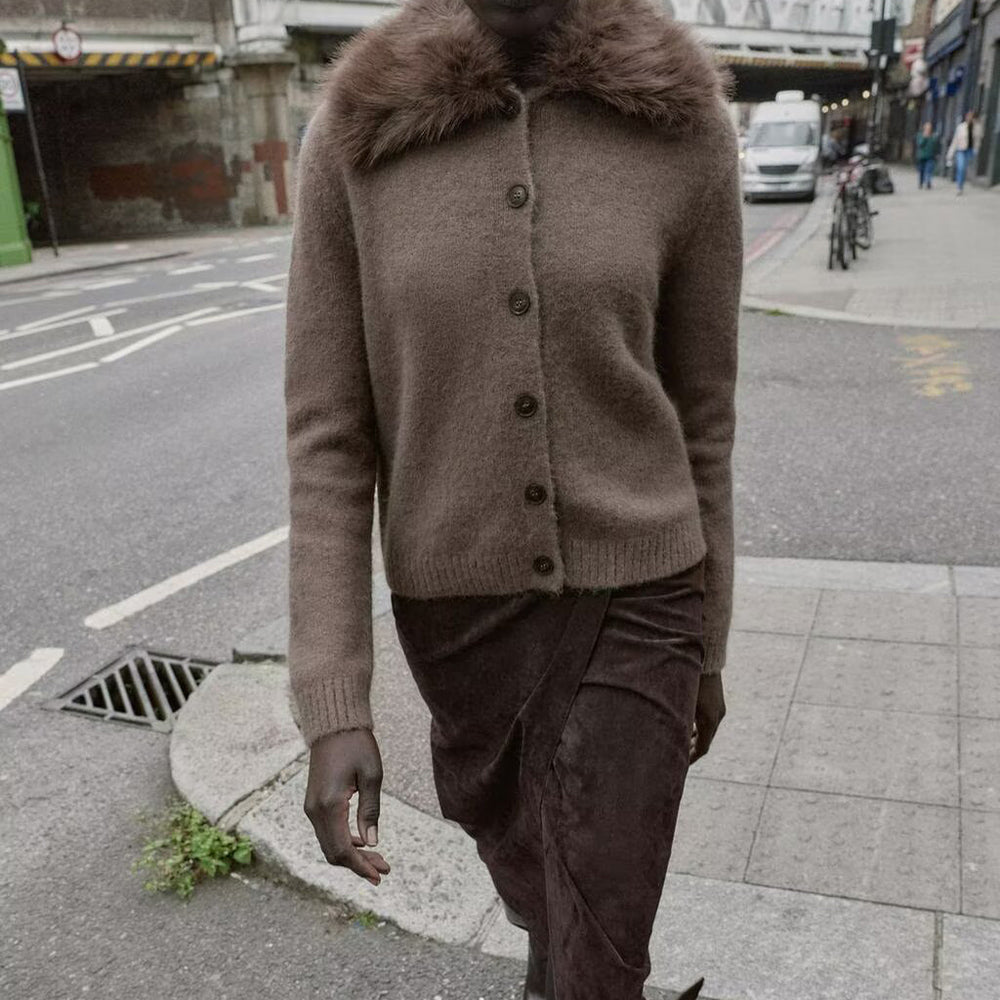 Women's new faux fur effect lapel knitted Coat