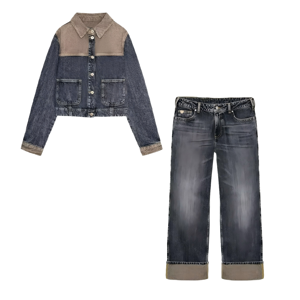 suit Women's 2 pieces patchwork denim jacket Coat+Jeans