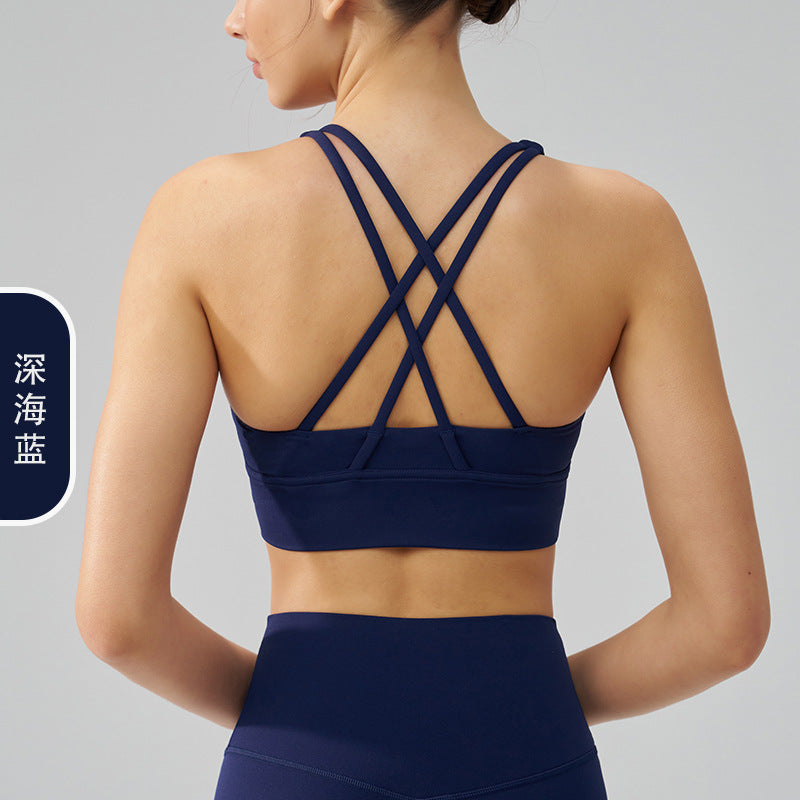 Women's new double-sided sanding cross back sports bra shockproof gathered yoga bra fitness vest