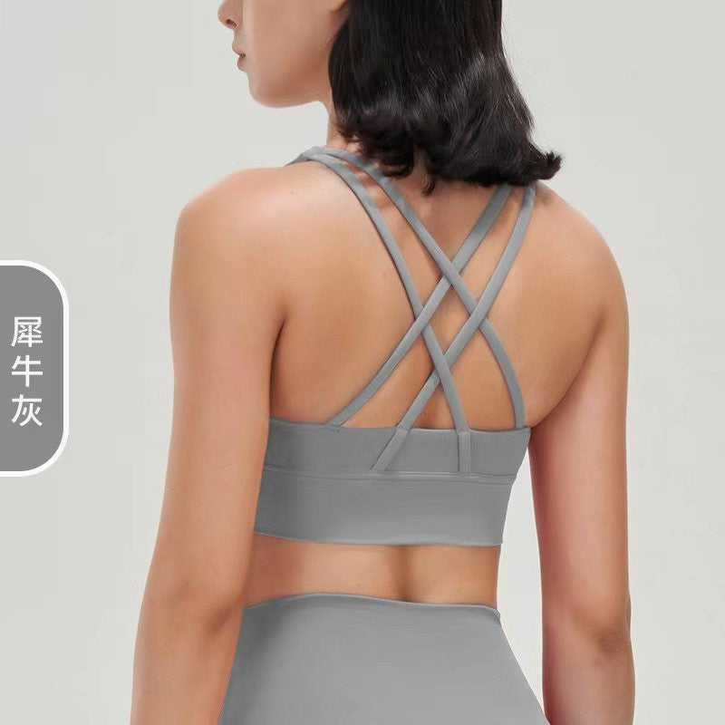 Women's new double-sided sanding cross back sports bra shockproof gathered yoga bra fitness vest