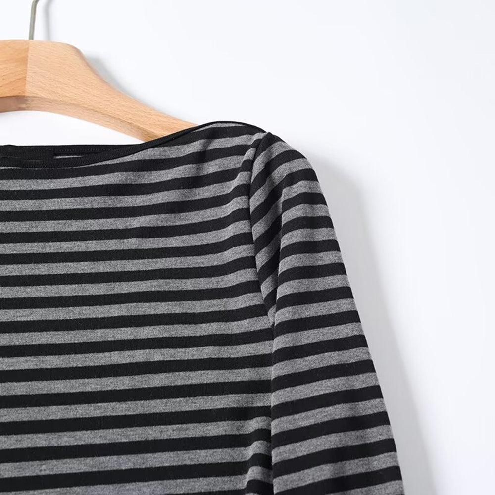 Women's New Fashion Interior style Long Sleeve Striped Flat Neck T-shirt