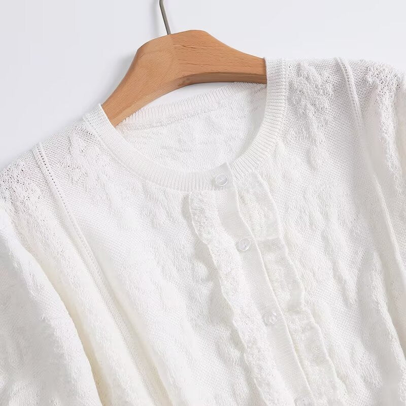 Women's new fashion lace round neck short sleeved knitted cardigan