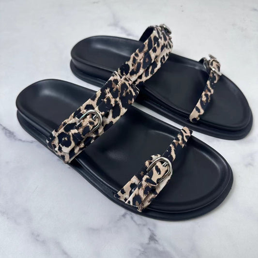Women's New Casual Joker Leopard Print with Buckle Thick Bottom Fashion Casual Flat Sandals.