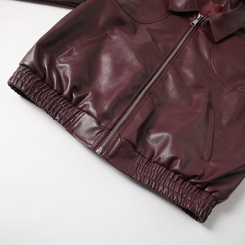 Women's new fashion loose Lapel zipper Faux Leather jacket Coat