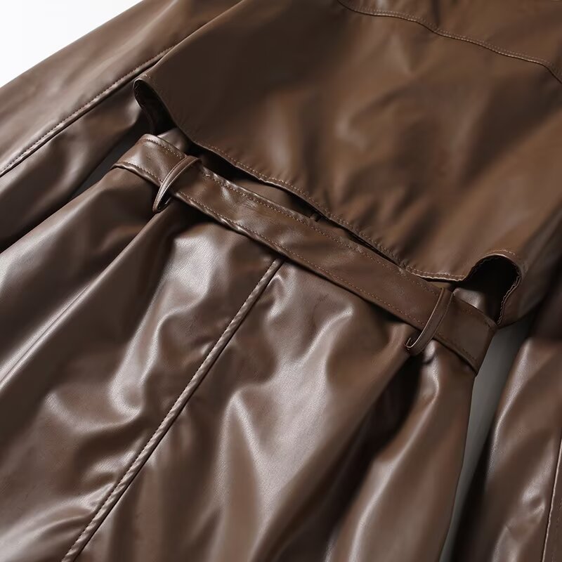 Women's new fashion with Belt long style double breasted faux leather Windbreaker Coat