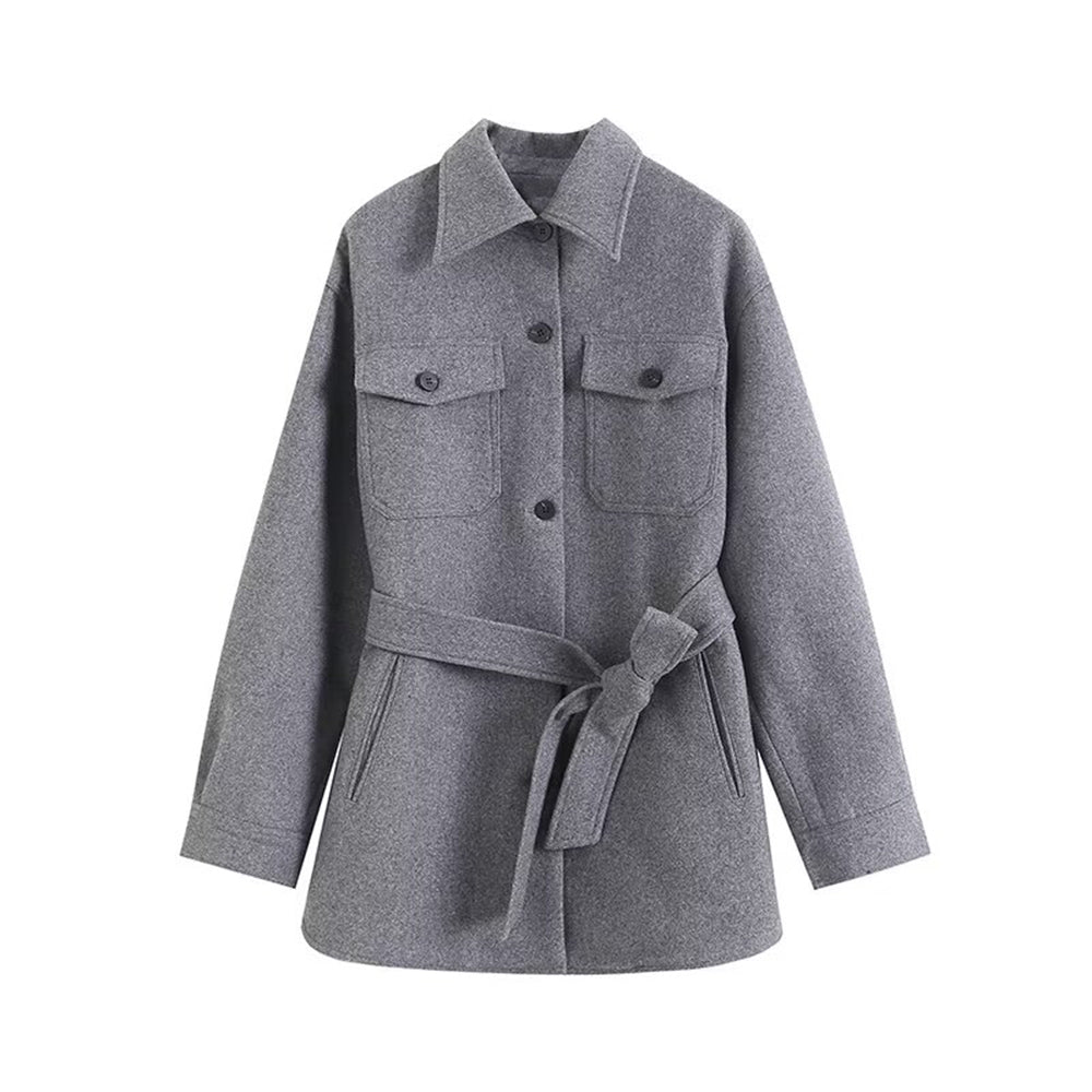 Women's with Belt wool blended flannel shirt Coat