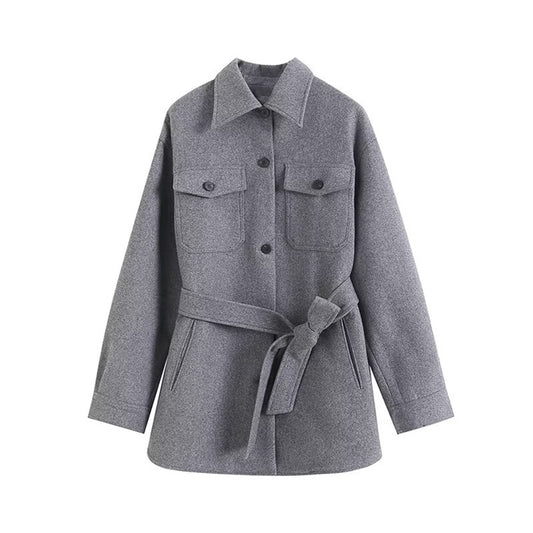 Women's with Belt wool blended flannel shirt Coat