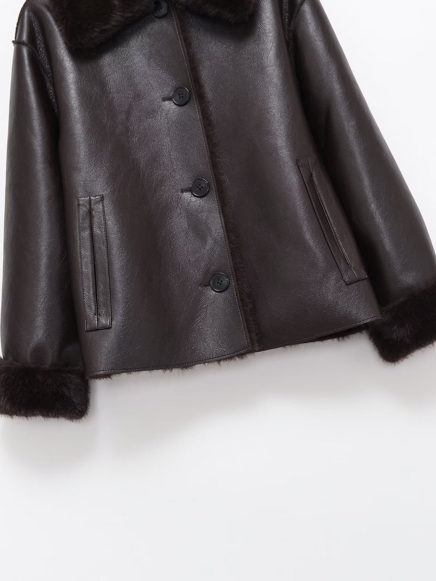 Women's faux fur effect double-sided Faux Leather jacket Coat