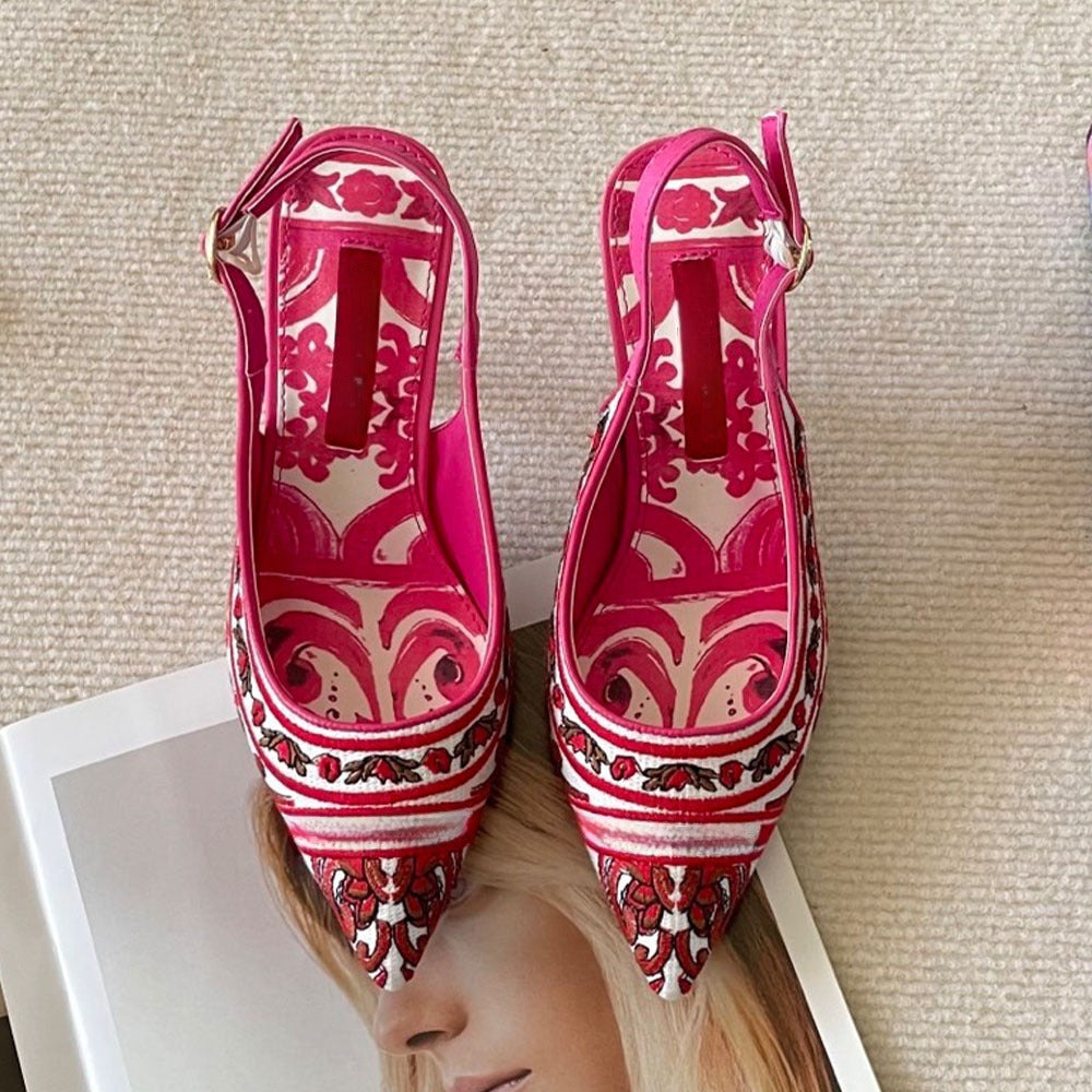 Women's new embroidered graffiti pointed high-heeled sandals have a shoe box