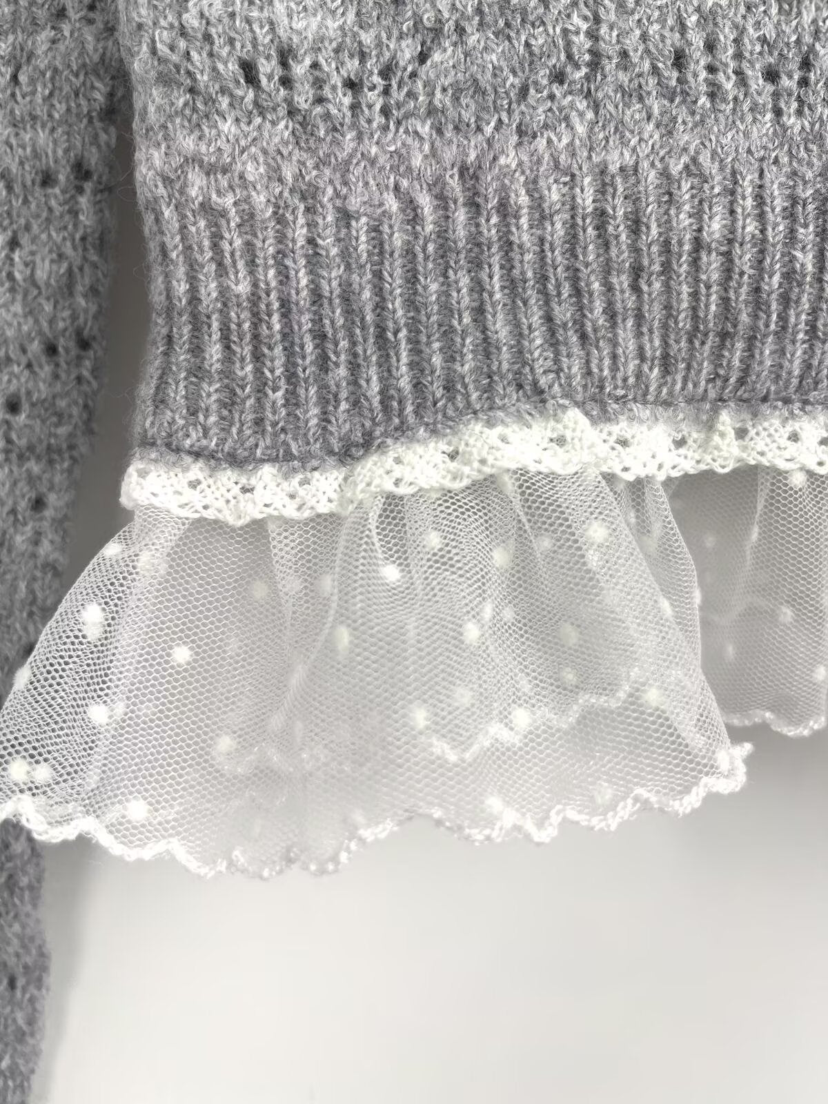 קרדיגן סרוג עם צווארון V וטלאים בסגנון תחרה אופנתי חדש לנשים