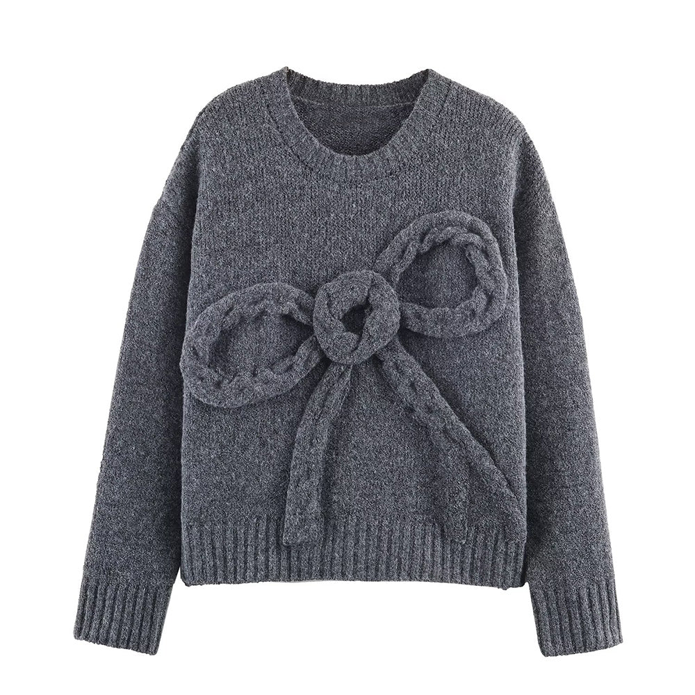 Women's bow decoration O Neck knitted sweater