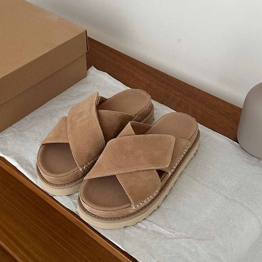 Women's New Fashion Joker Casual Hook and Loop Cross Design Platform Sandals Slippers Have A Shoe Box.