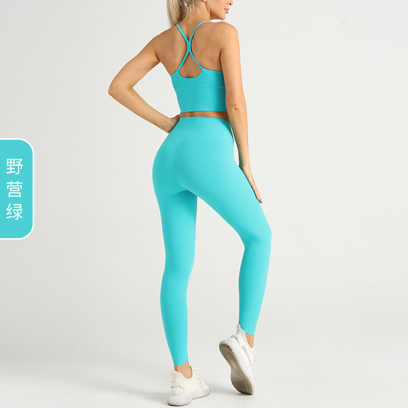 חליפת יוגה חדשה לנשים בצבע עירום, חזייה ספורטיבית עם גב מוצלב, בצבע אפרסק, בגזרת יוגה גבוהה, בגזרת יוגה עם גב מוצלב, בגזרת יוגה בגזרה גבוהה