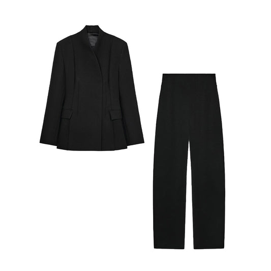 Women's 2025 new fashion black slim stand collar suit jacket+Pants suit