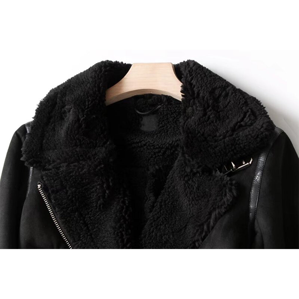 Women's with Belt loose warm Fur Faux Leather jacket Coat