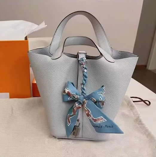 Women's New Casual Fashion Bucket Bag Leather First Leather Portable Shopping Basket Bag