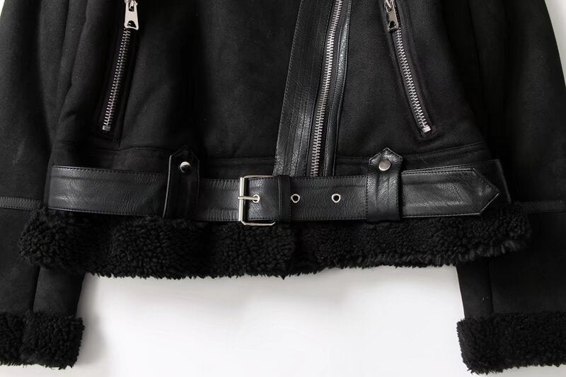 Women's with Belt loose warm Fur Faux Leather jacket Coat