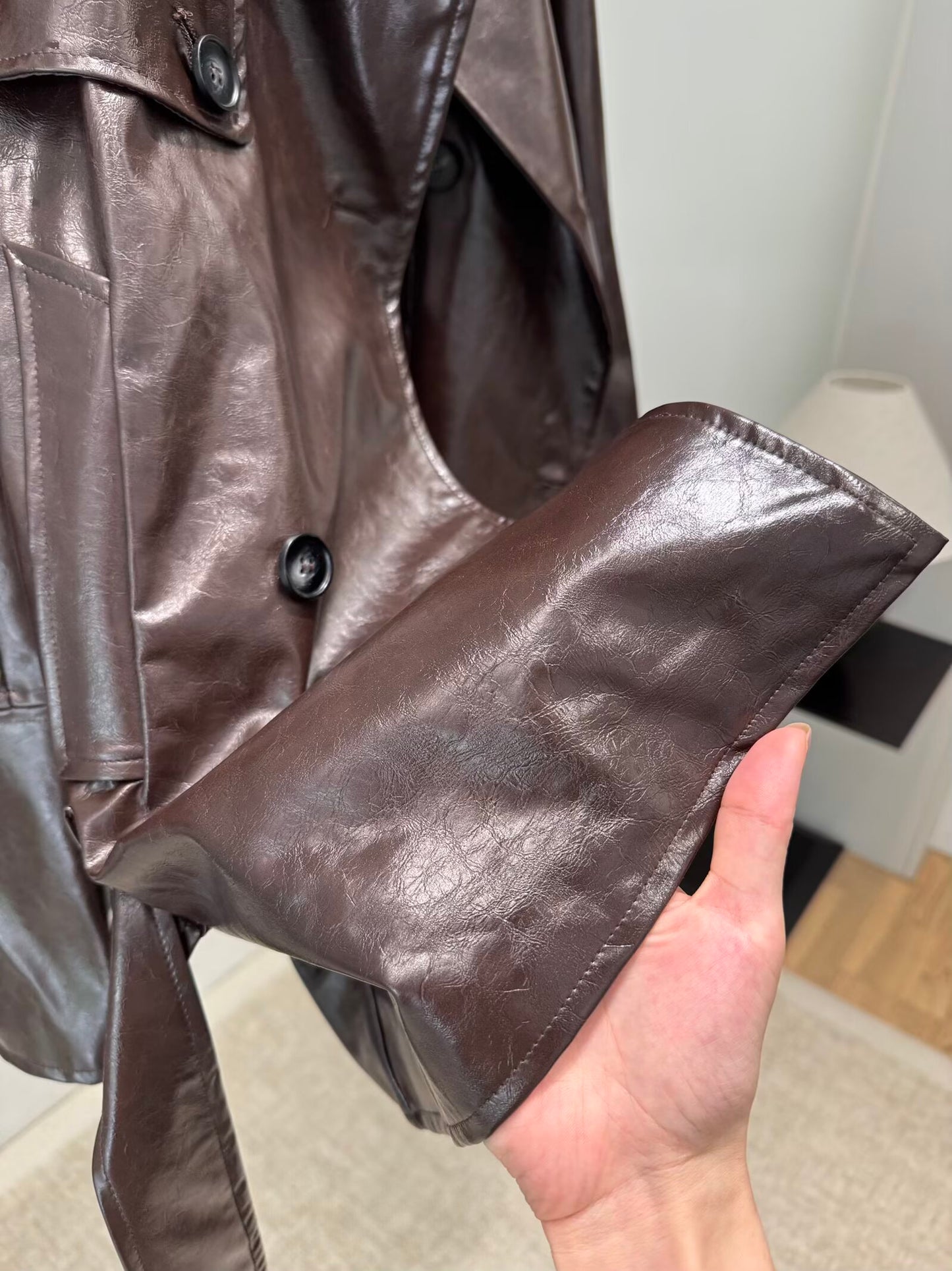 Women's new fashion with Belt short faux leather windbreaker Coat