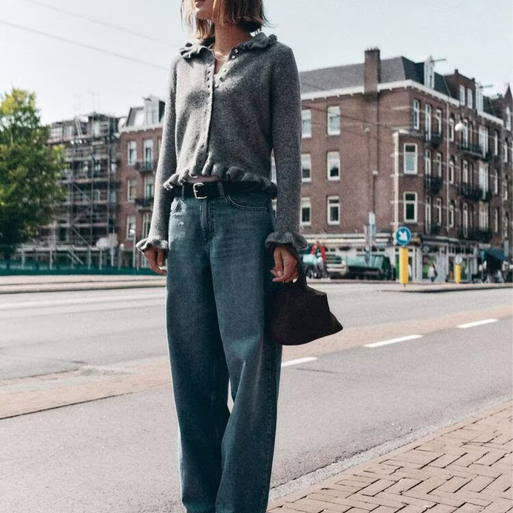 קרדיגן סרוג עם דש ארוכות שרוולים ושכבות אופנתי חדש לנשים