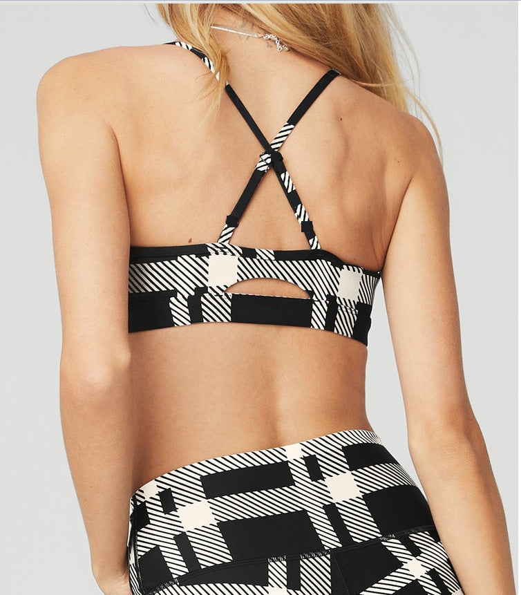 Set Women's New Fashion Plaid Yoga Clothes Women's Vest Sports Bra Underwear+running Fitness Pants Set