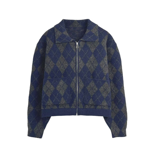 Women's new fashion diamond checkered knitted pilot jacket Coat