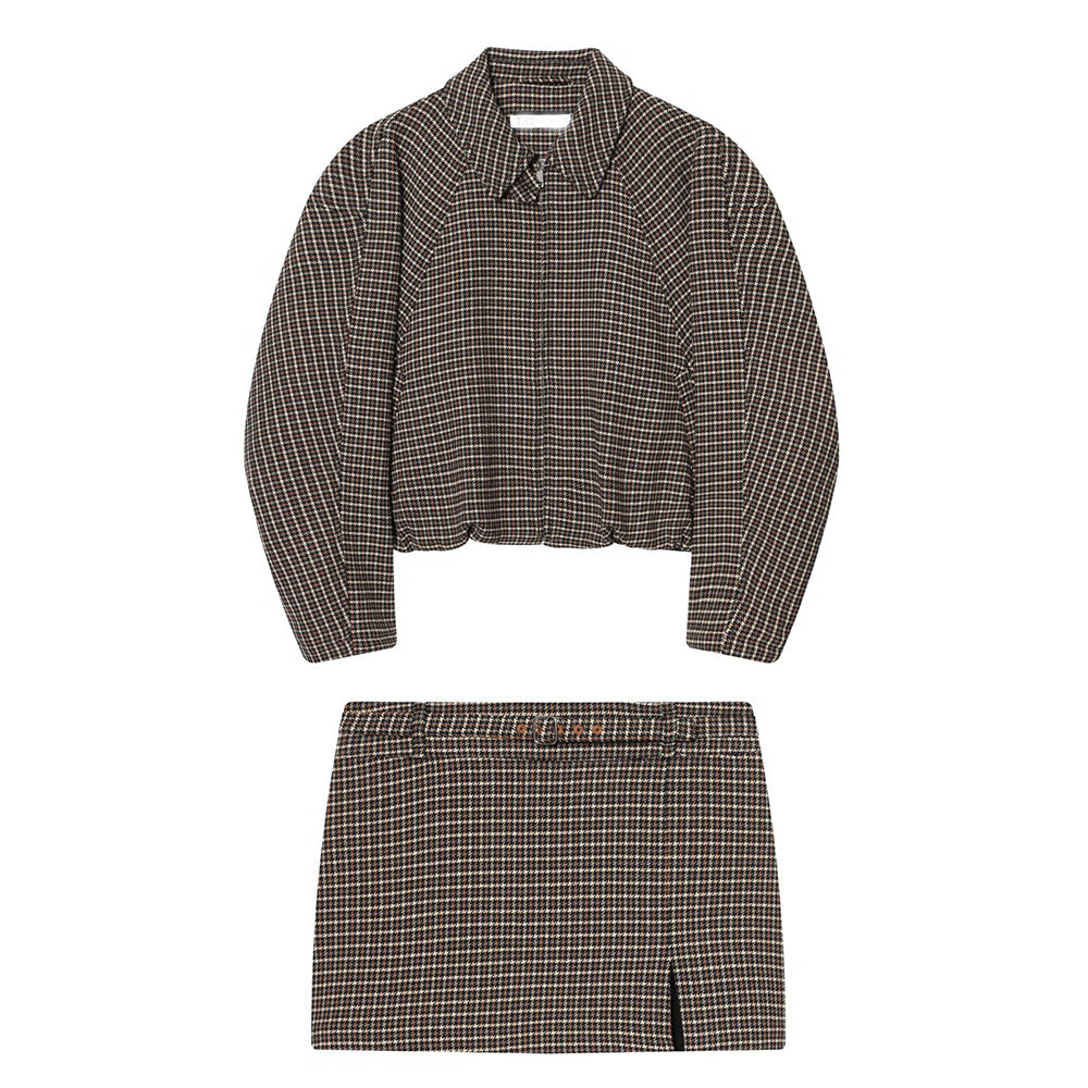 suit Women's 2 pieces plaid cotton pilot jacket Coat+Skirts