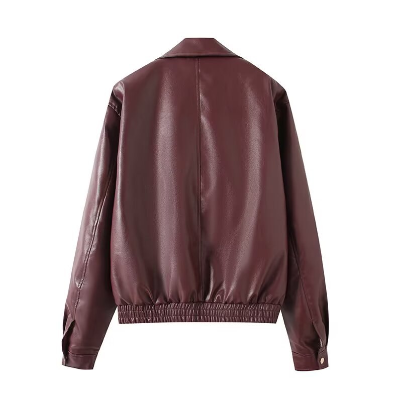 Women's new fashion loose Lapel zipper Faux Leather jacket Coat