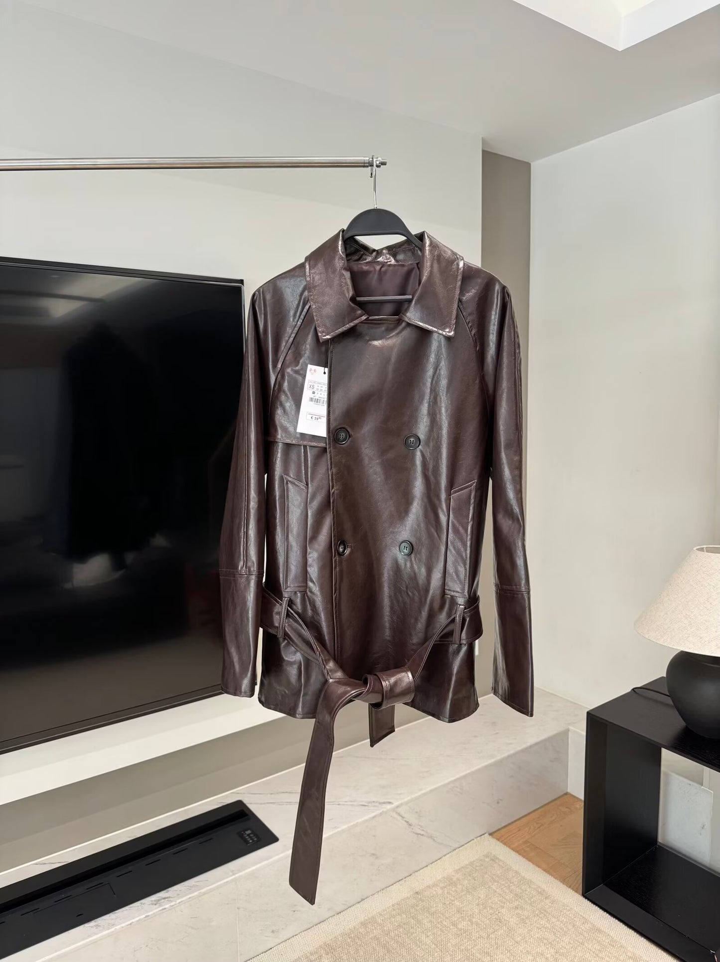 Women's new fashion with Belt short faux leather windbreaker Coat