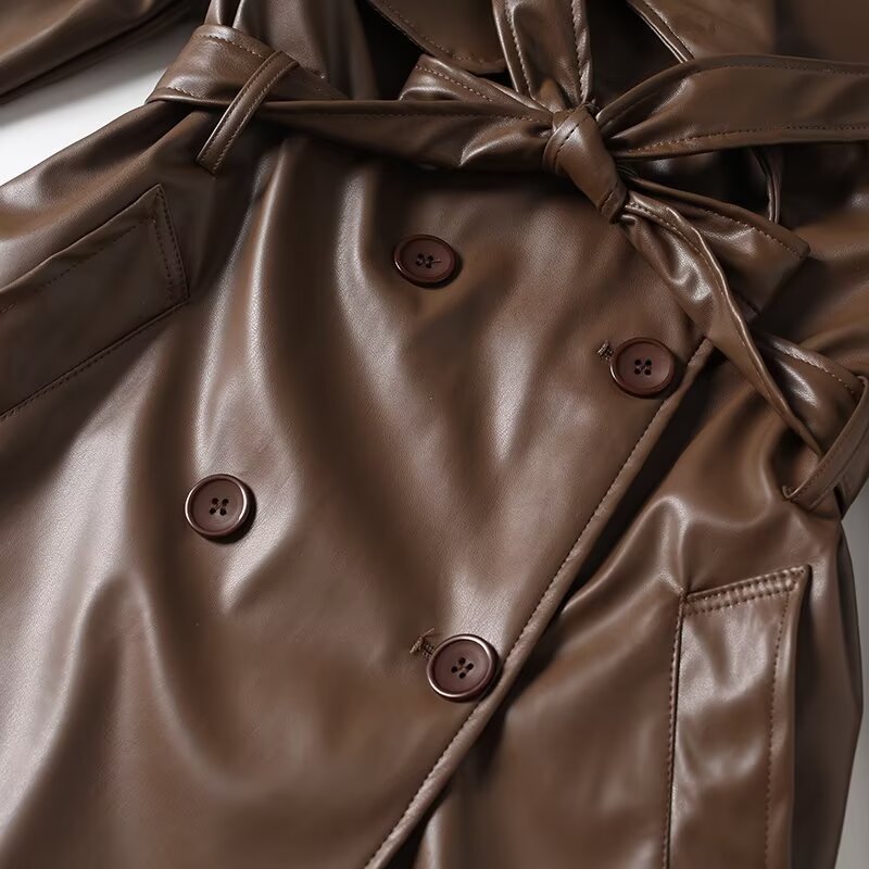 Women's new fashion with Belt long style double breasted faux leather Windbreaker Coat