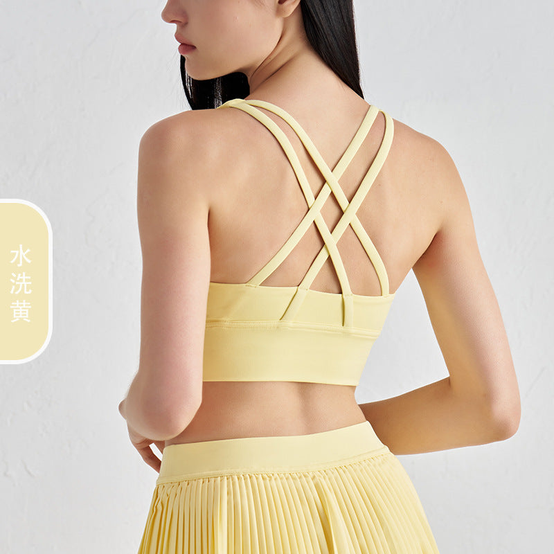 Women's new double-sided sanding cross back sports bra shockproof gathered yoga bra fitness vest