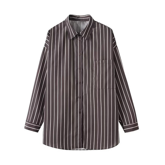 Women's new fashion loose single breasted vertical striped shirt