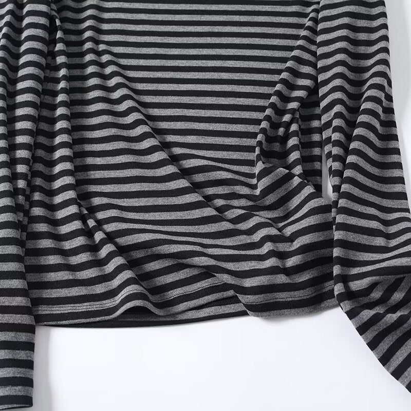 Women's New Fashion Interior style Long Sleeve Striped Flat Neck T-shirt