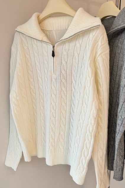 New loose-fitting cable knit cotton half-zip knit sweater