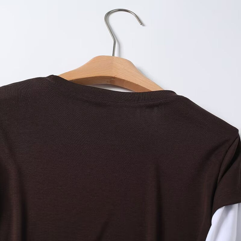 Women's new fashion splicing fake two-piece style long sleeved T-shirt