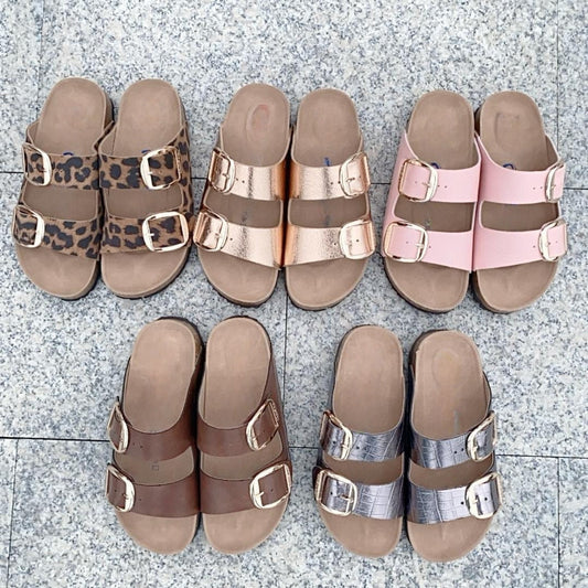 Women's New Fashion Joker Casual Double Buckle Design Thick Soled Slippers Have A Shoe Box.