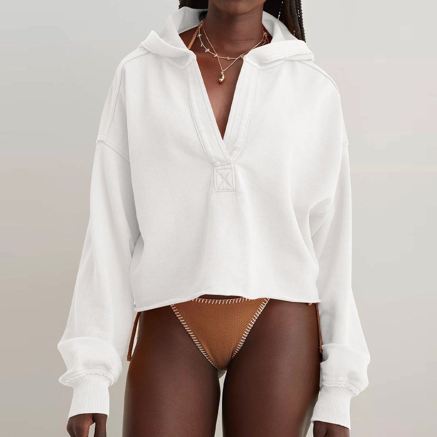 Women's spring and autumn new fashion Joker loose hooded sweater V-neck jacket pullover long sleeve pullover