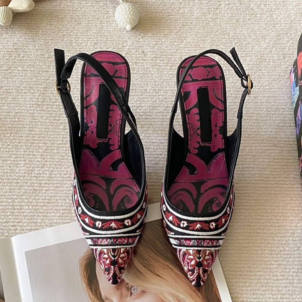 Women's new embroidered graffiti pointed high-heeled sandals have a shoe box