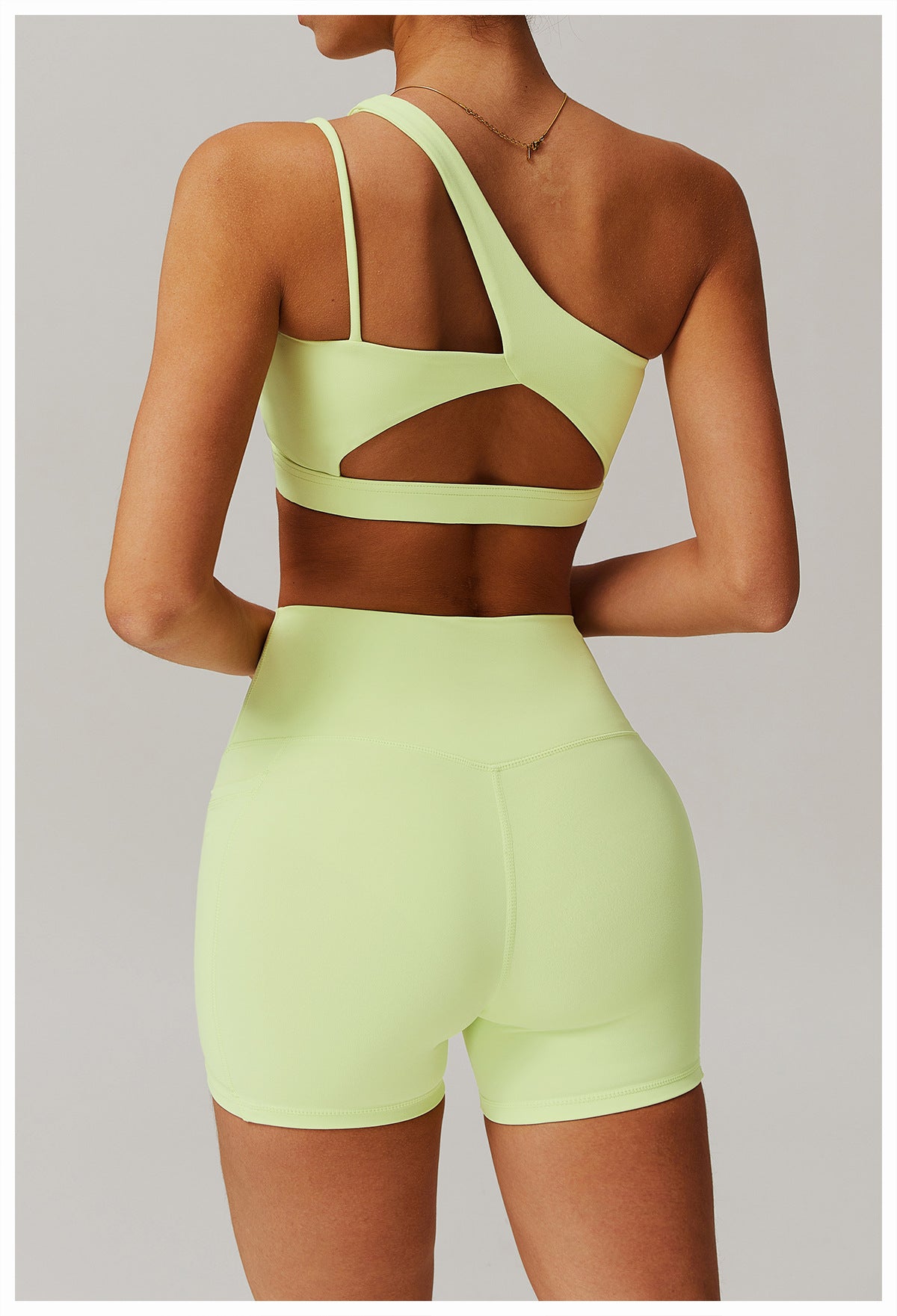 Women's new quick-drying nude sports inclined one-shoulder back yoga bra+pocket breathable fitness shorts