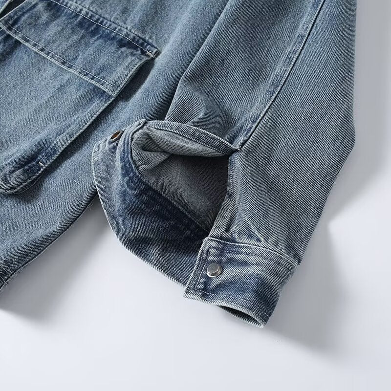 Women's multi-pocket design patchwork lapel denim Coat