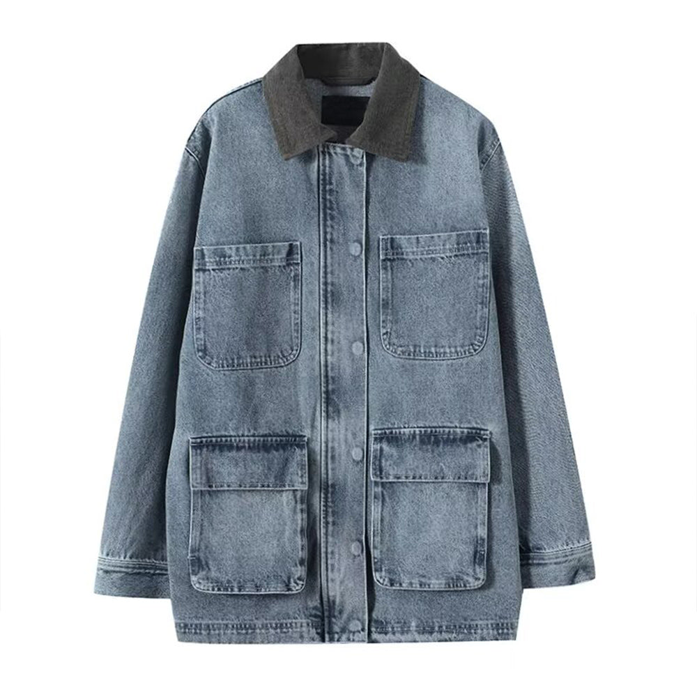 Women's multi-pocket design patchwork lapel denim Coat