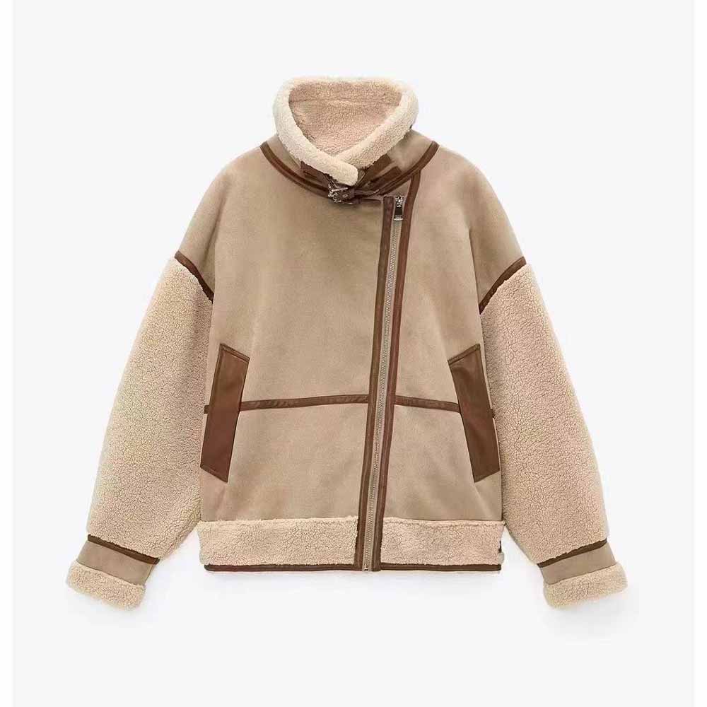 Women's new fashion  Fur Faux Leather jacket coat retro long sleeved zipper women's coat