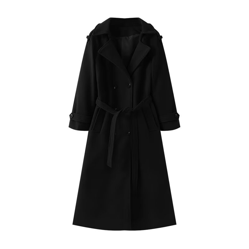 Women's with Belt long style double breasted woolen coat