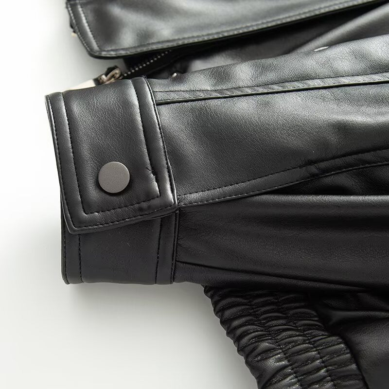 Women's black detachable faux Leather fur collar jacket Coat