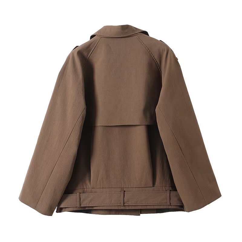 Women's New Fashion With Belt Short Double breasted lapel Coat