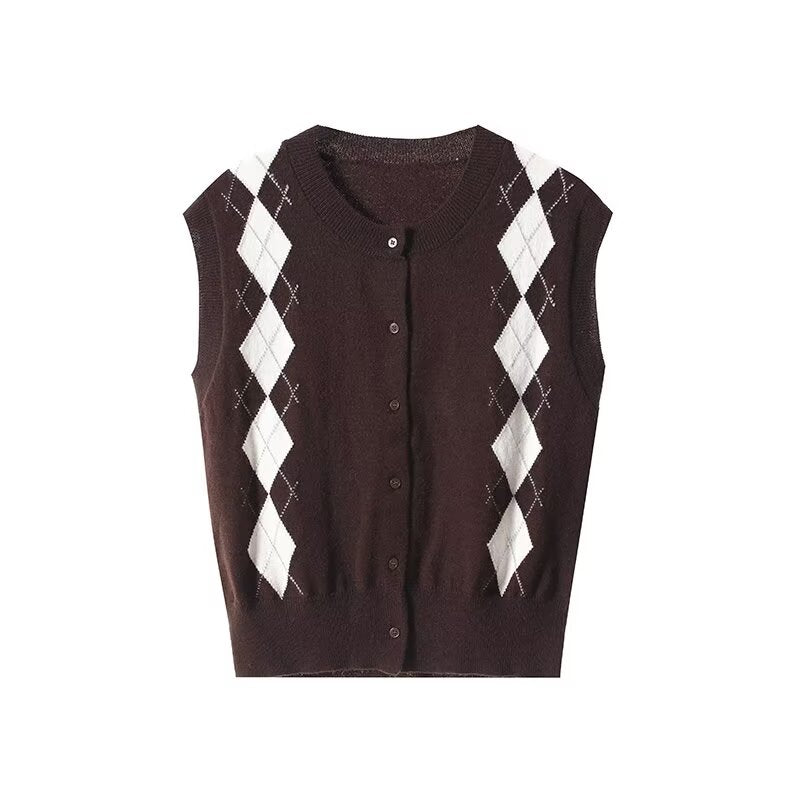 Women's new fashion diamond grid retro knitted vest