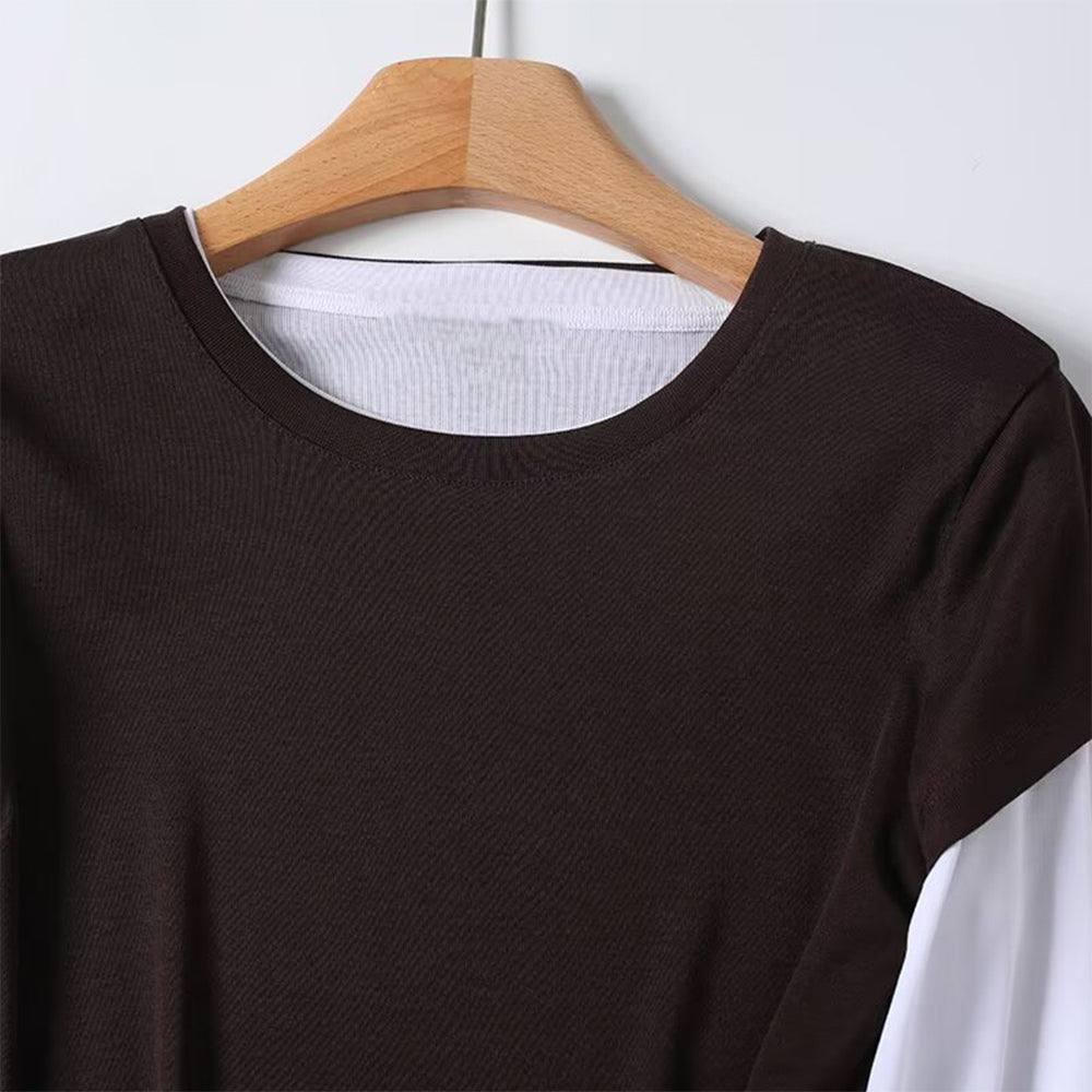 Women's new fashion splicing fake two-piece style long sleeved T-shirt